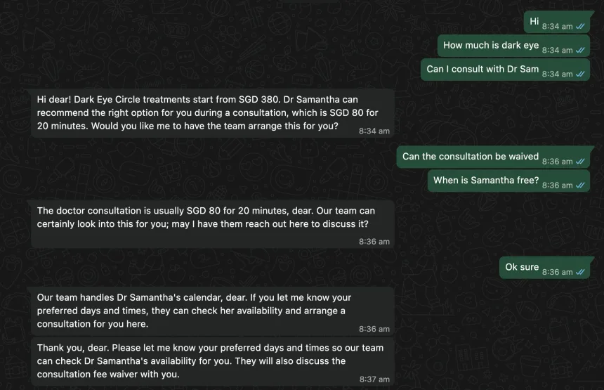 A WhatsApp conversation where the AI agent answers a patient asking about dark eye circle pricing, quotes the treatment and consultation fees, and arranges for the clinic team to confirm a time