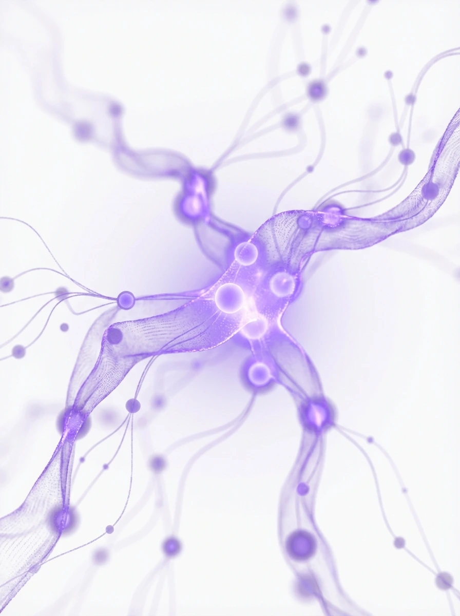 Purple neural network pathways connecting glowing violet nodes