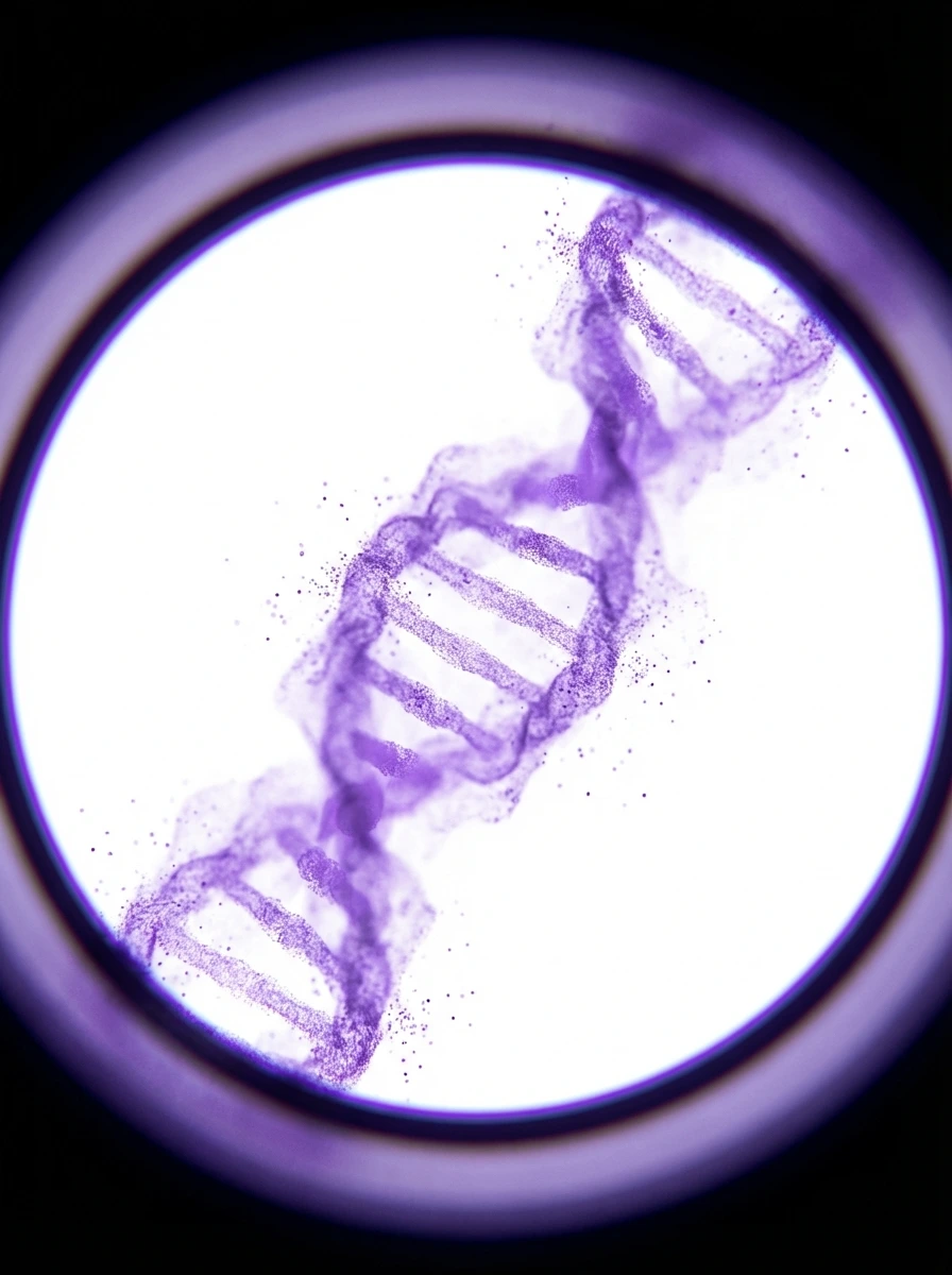 DNA fragment viewed through a microscope lens with violet chromatic aberration